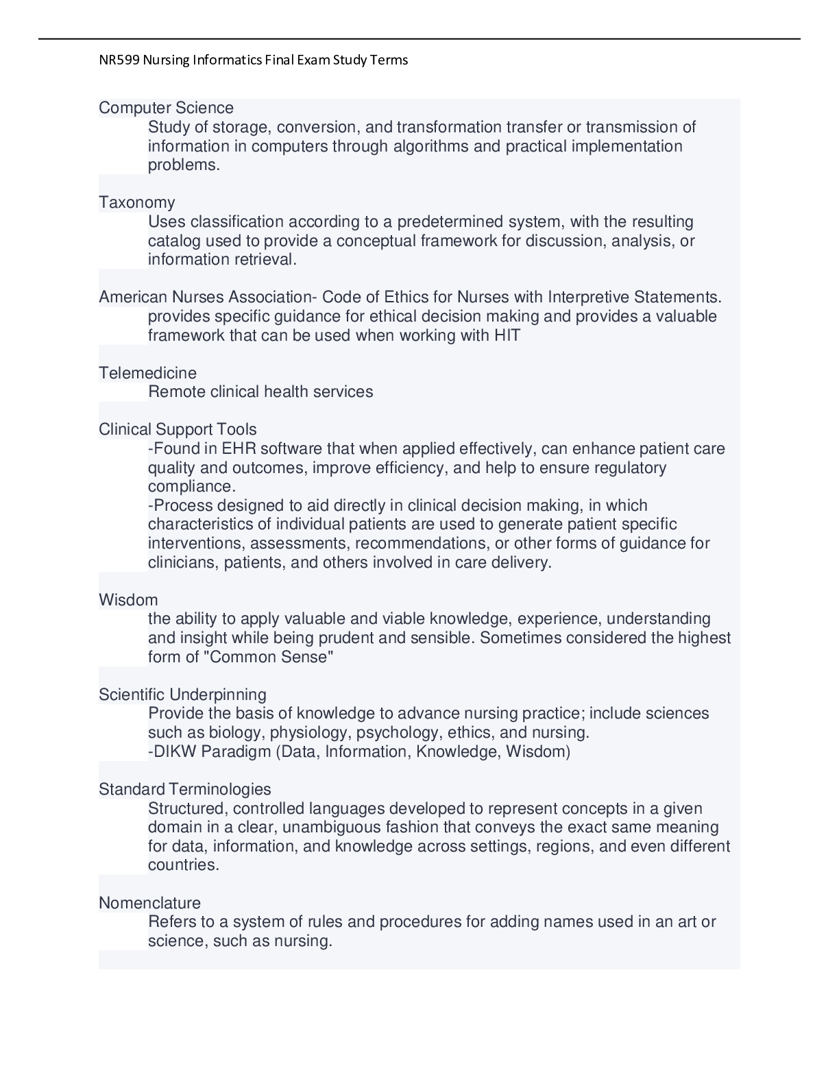Preview of NR599 Nursing Informatics Final Exam Study Terms 2021/2022
